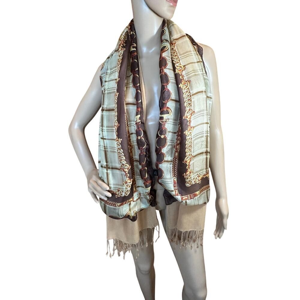 Equestrian Chain Motif 100% Silk Long 58”L x 25.5”W Gold Cowgirl Western Scarf - Picture 3 of 11